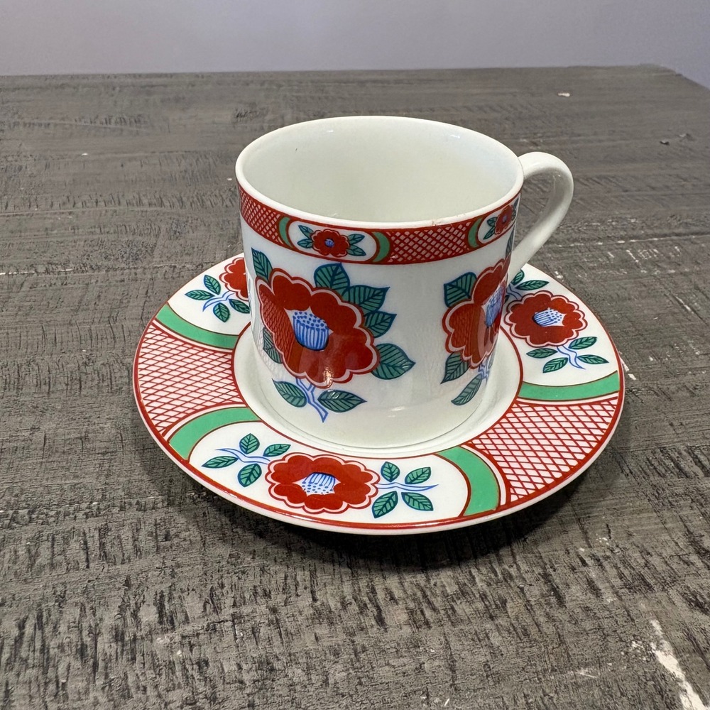 Tiffany & Co Fitz & Floyd Floral Demitasse Cup Saucer Red Green Blue Tea Set